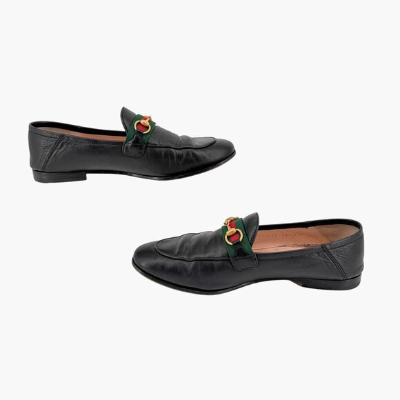 Gucci Brixton Black Leather Web Stripe Horsebit Loafers Size 38.5 US 8.5 Women's - Picture 11 of 15